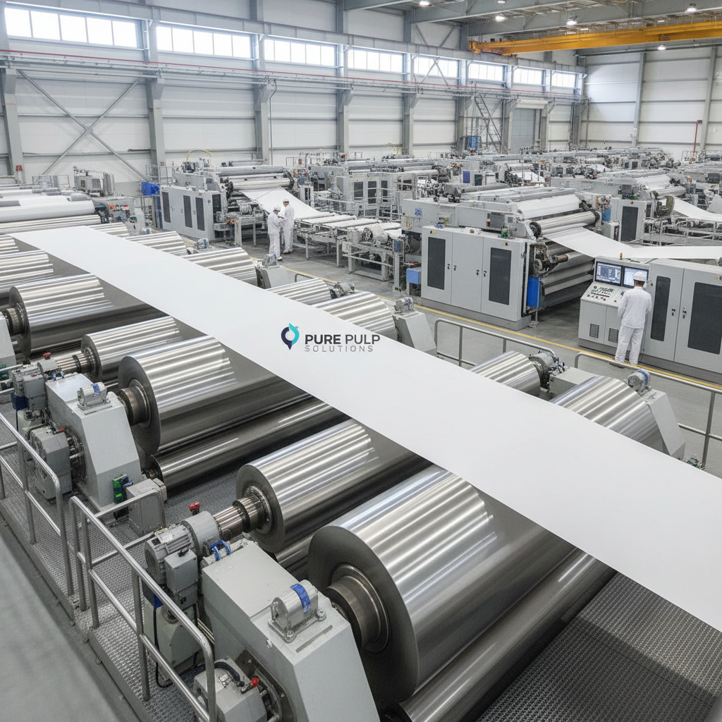 거대한 회전 롤러와 끝없이 이어지는 하얀 종이 웨브가 돋보이는 현대적인 제지 공장의 내부 전경, 밝은 산업용 조명과 청결한 설비 환경을 담은 사진.